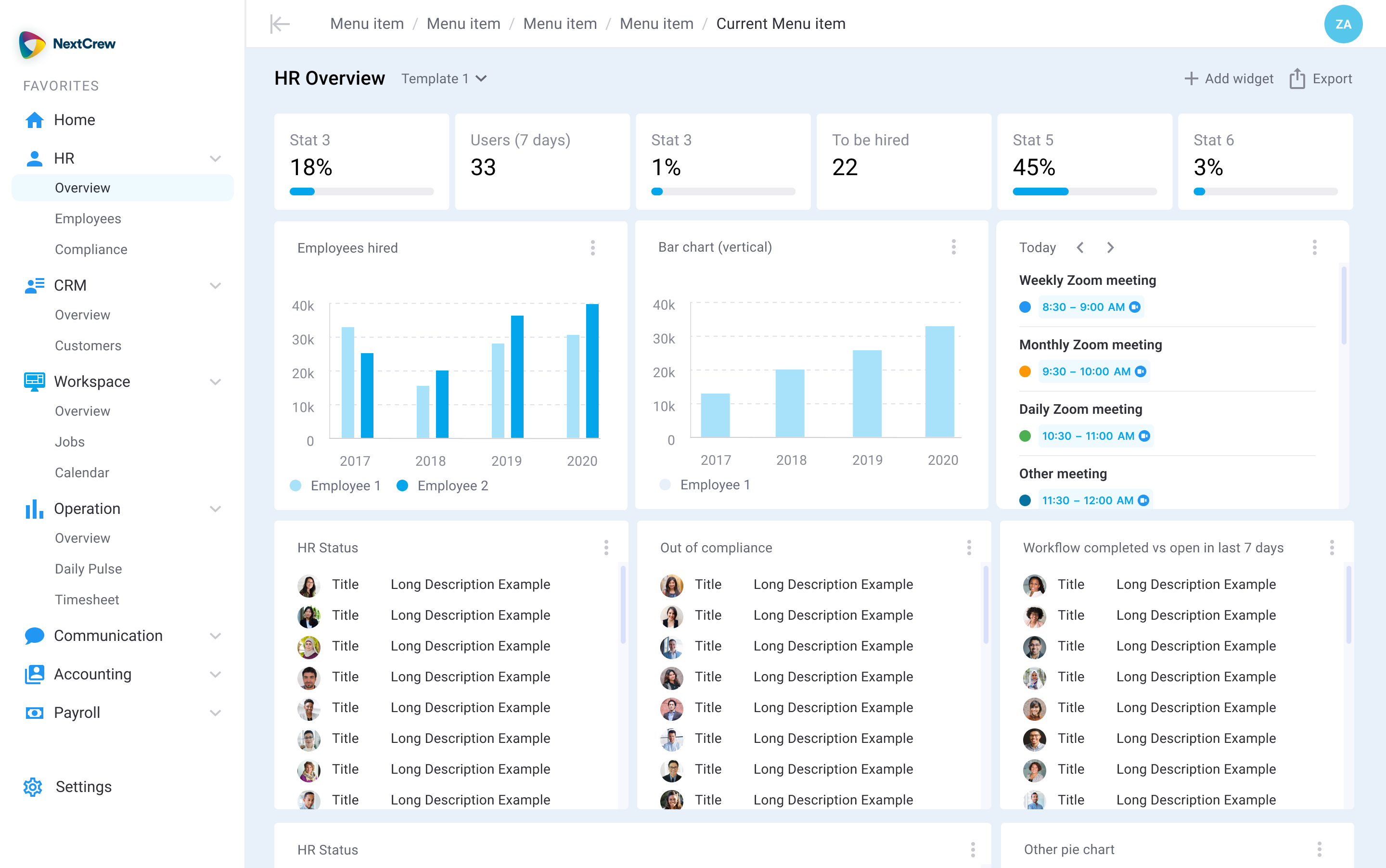 The HR Overview screen at its 2023 design stage, with placeholder stat labels and generic chart titles