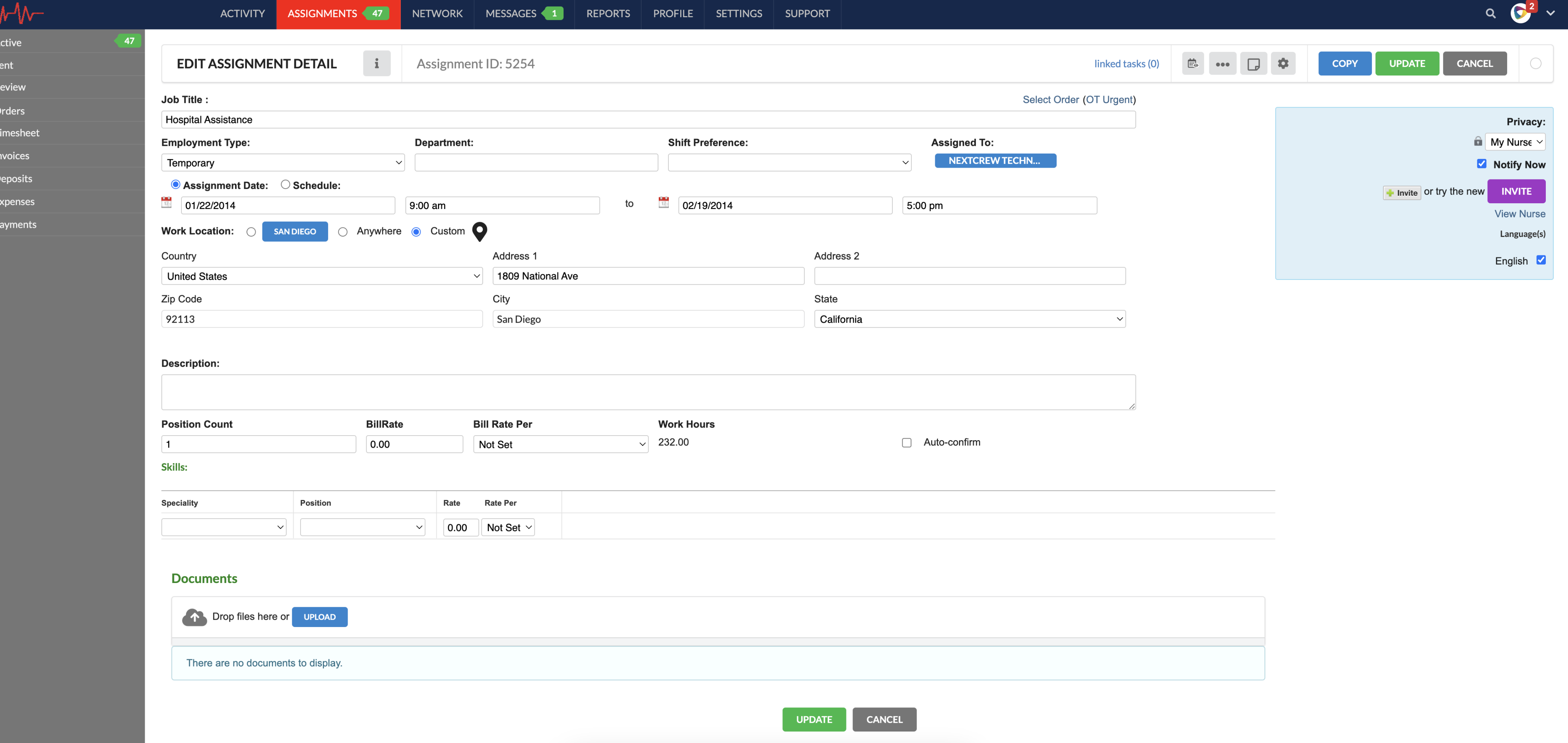 Legacy NextCrew screen: Edit Assignment Detail form with dense mixed-width fields and five differently colored buttons