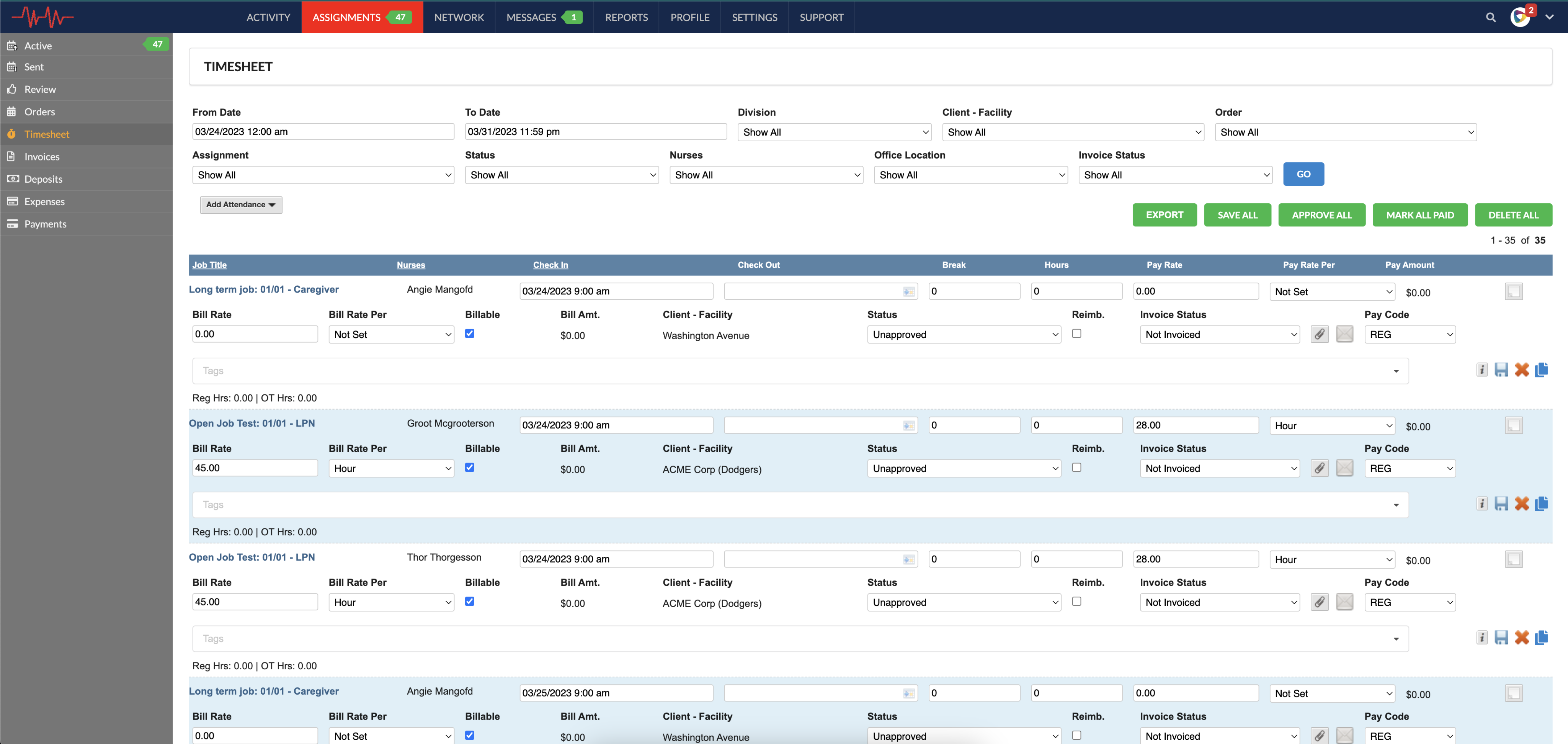 Legacy NextCrew timesheet: nine filter dropdowns and a row of identical green bulk buttons including Delete All