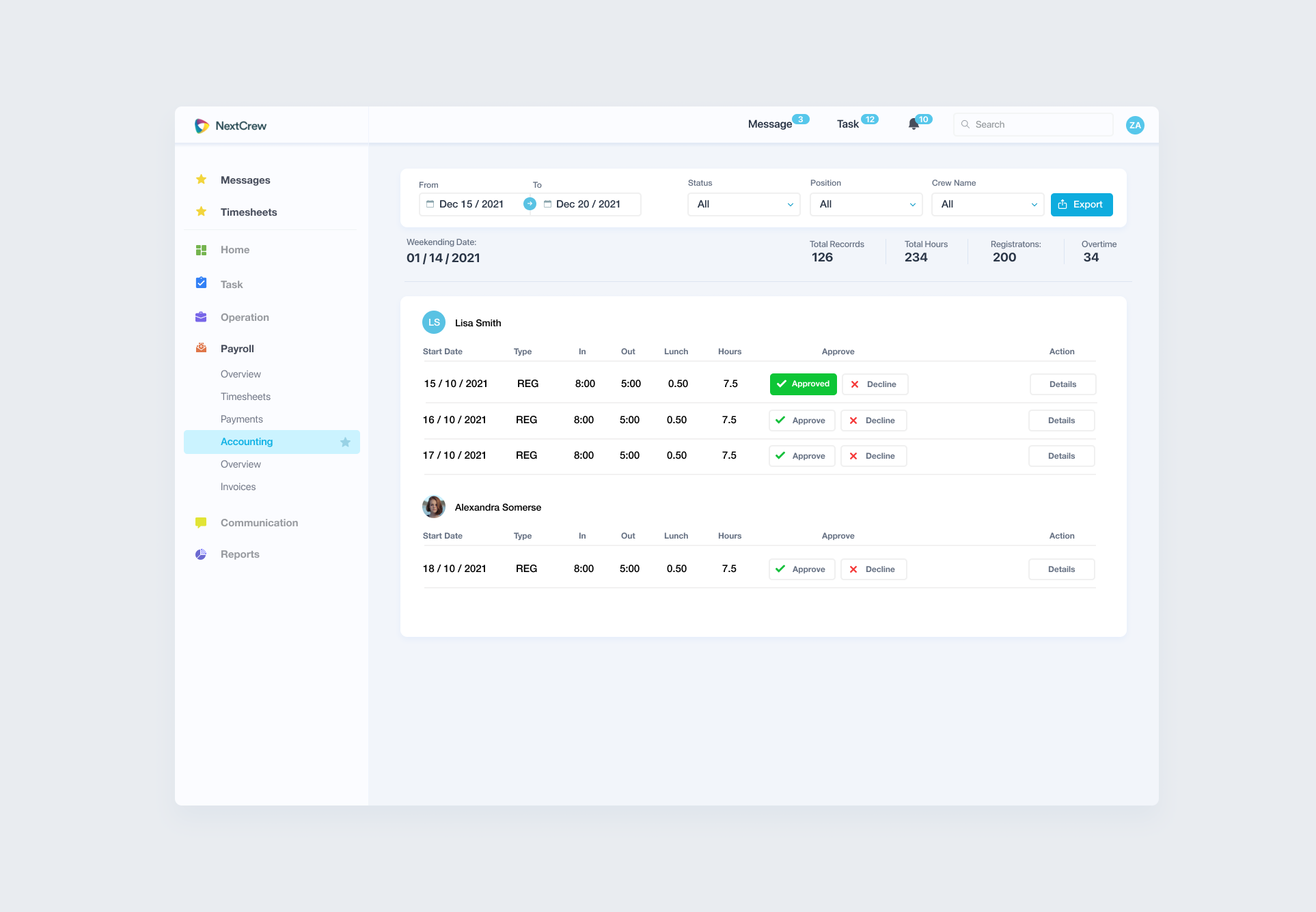 The same timesheets screen in a light sidebar variant with a favorites section pinned on top