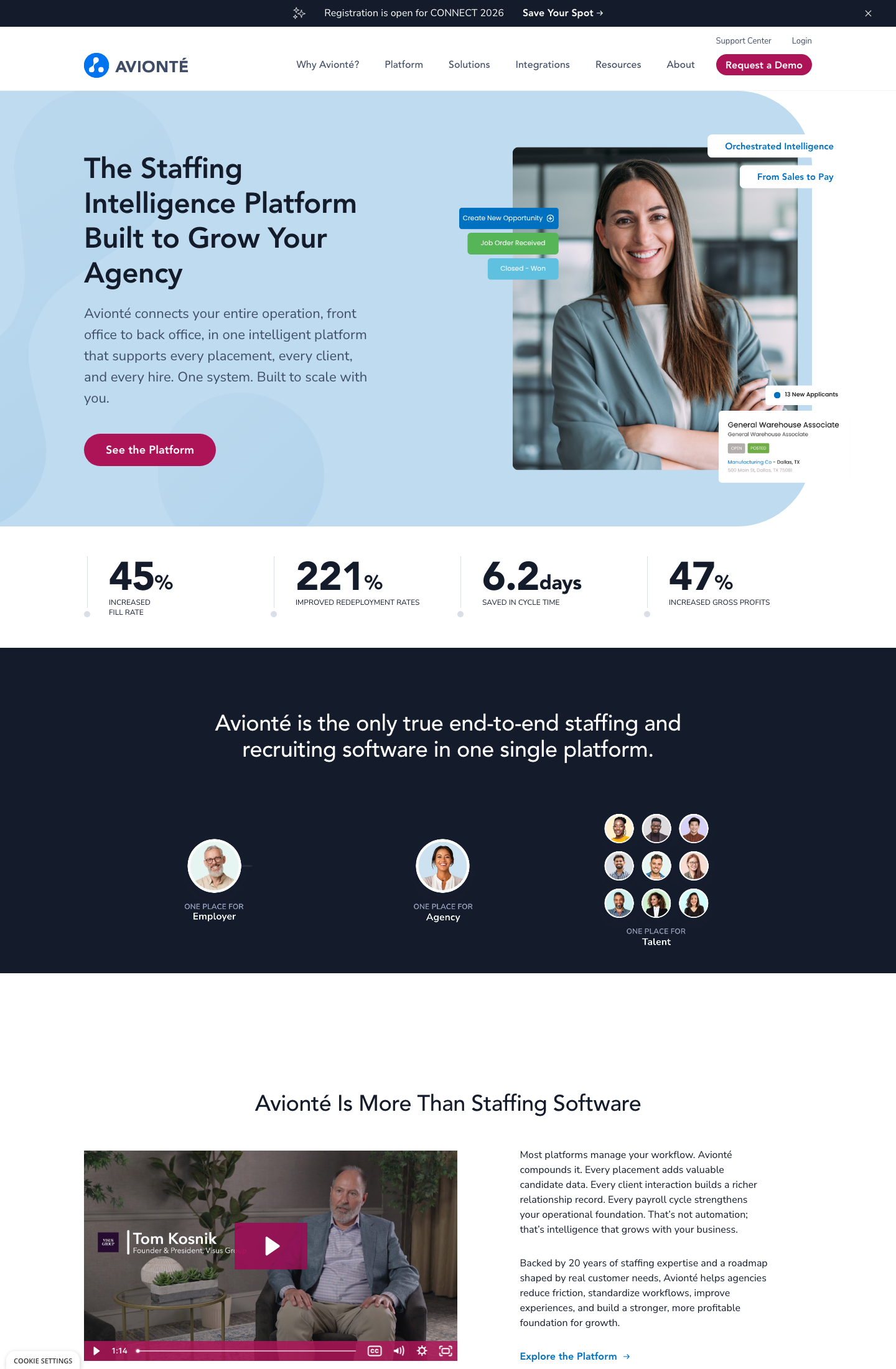 Avionte homepage with outcome stats band: 45 percent increased fill rate, 6.2 days saved in cycle time