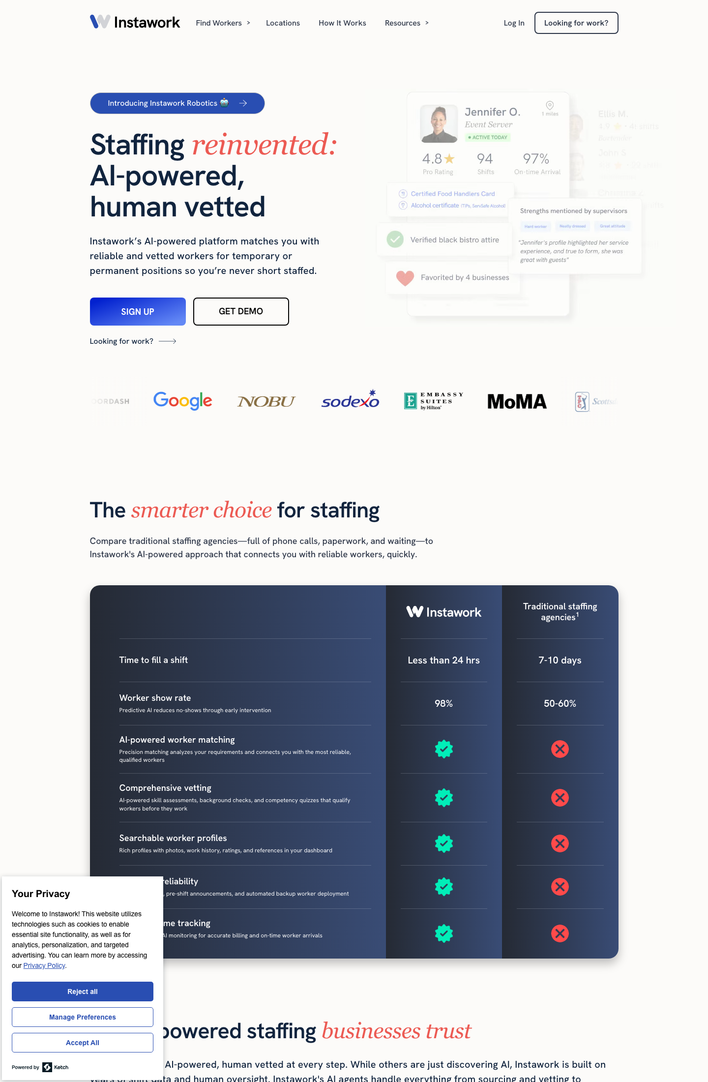 Instawork homepage with a comparison table against traditional staffing agencies: under 24 hours to fill versus 7-10 days