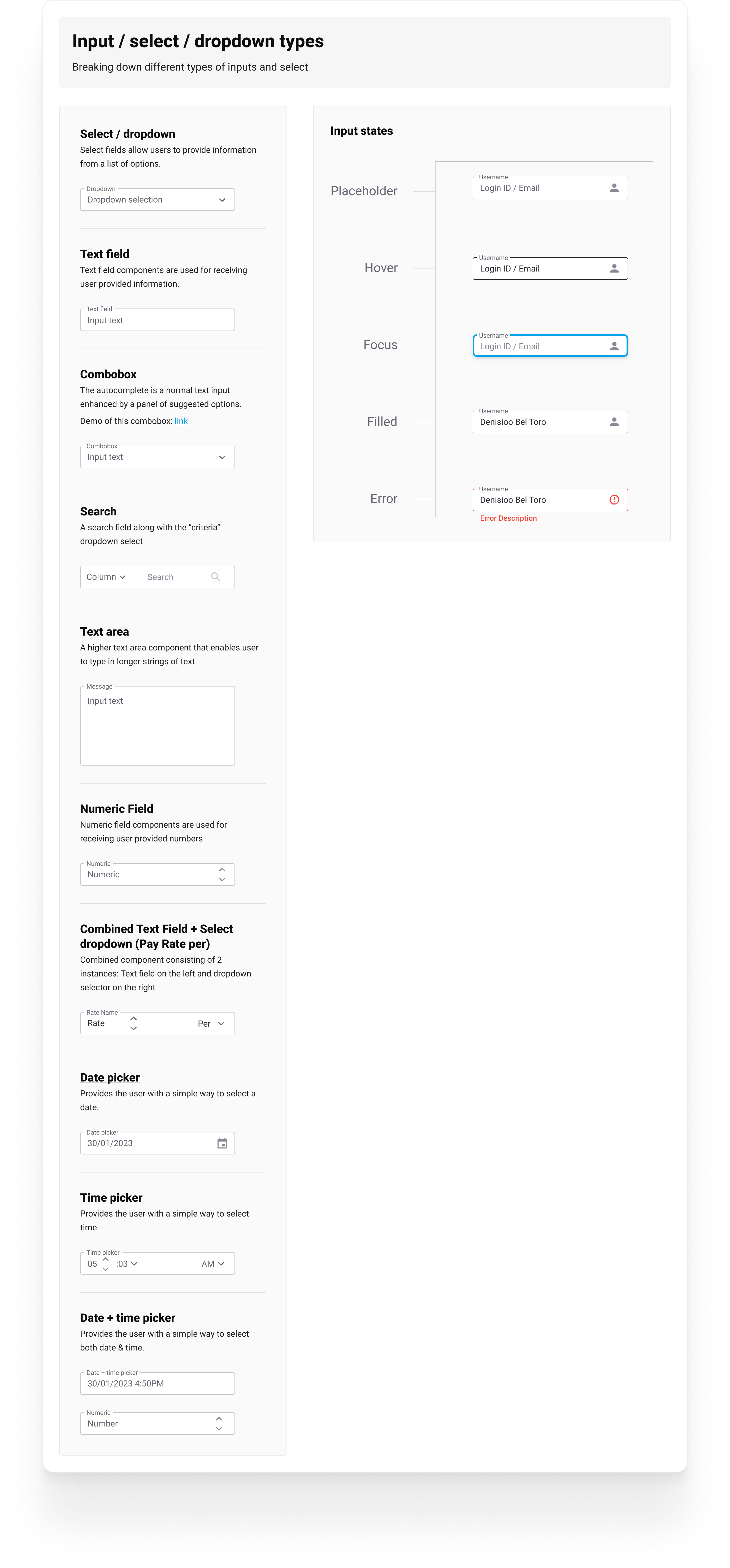 Handoff sheet from the NextCrew design system: input, select and dropdown types on the left, and the input states rail on the right - placeholder, hover, focus, filled, error