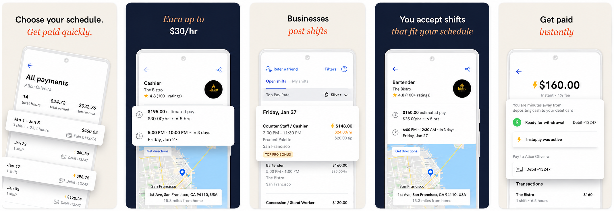 Instawork worker app screenshots from Google Play: schedule, shift cards with pay, map and payment history