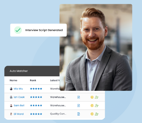 Avionte product UI: the Auto Matcher table ranking candidates with star ratings, next to an Interview Script Generated chip