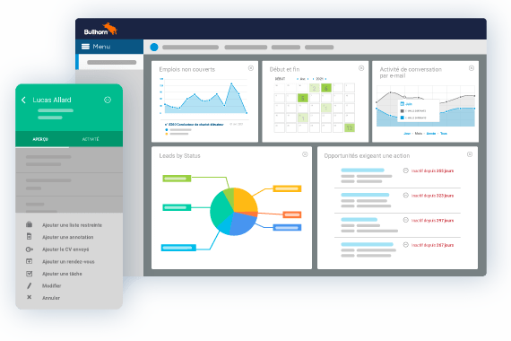 Bullhorn product UI: a dashboard with area charts, a calendar heatmap, a leads-by-status pie chart and a green mobile CRM side panel