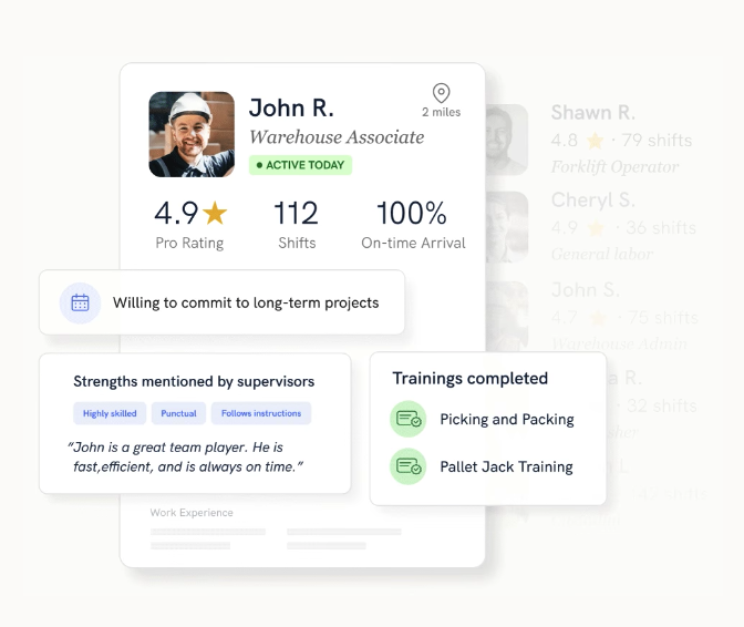 Instawork worker trust card: pro rating 4.8, 94 shifts, 97 percent on-time arrival, credential chips and supervisor strengths