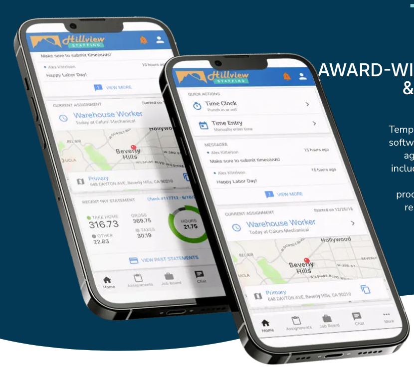 TempWorks worker mobile app on two phones: current assignment with a map, timesheet reminders, pay statement with take-home breakdown and hours ring